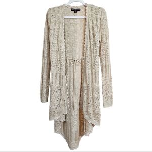 Almost Famous Long Crochet Open Front Asymmetrical Hem Knit Cardigan Kimono Med